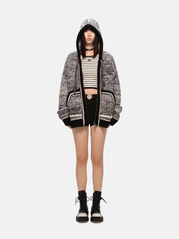 White Deer's same herringbone sweater sweater retro college contrast color wide body wool hoodie jacket
