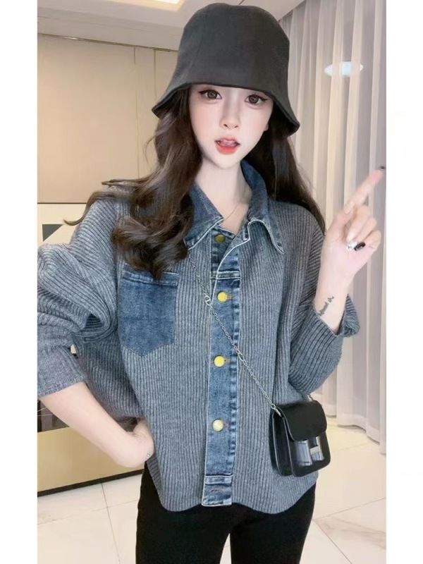 European new style retro splicing knitted jacket women's loose short design niche jacket denim top