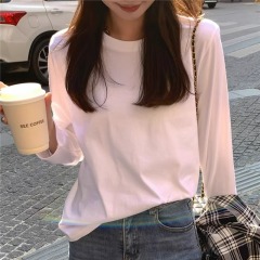 Loose cotton long-sleeved T-shirt for women in spring, autumn and winter, round neck white bottoming shirt, Korean style simple solid color inner top