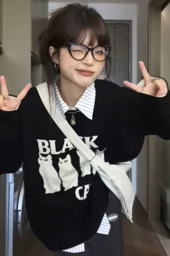 Cat Party Japanese Retro Sweater Women's Outerwear Loose Pullover Lazy Style Bottoming Sweater Top Thick