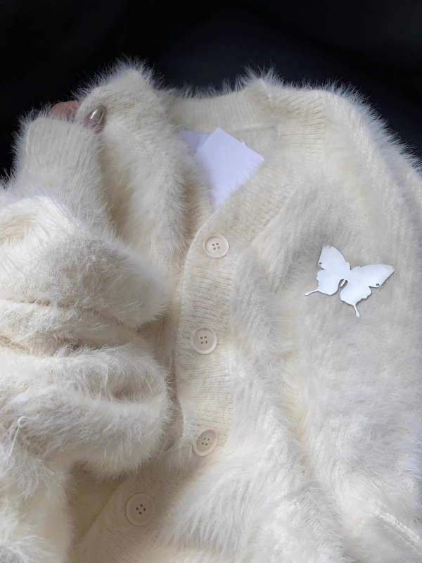 Mohair cardigan butterfly fur sweater sweater for women autumn and winter lazy style loose soft waxy coat outer top