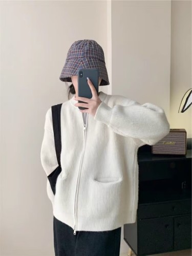 Retro solid color lazy style high-end pit double zipper knitted cardigan for women loose soft waxy temperament sweater jacket