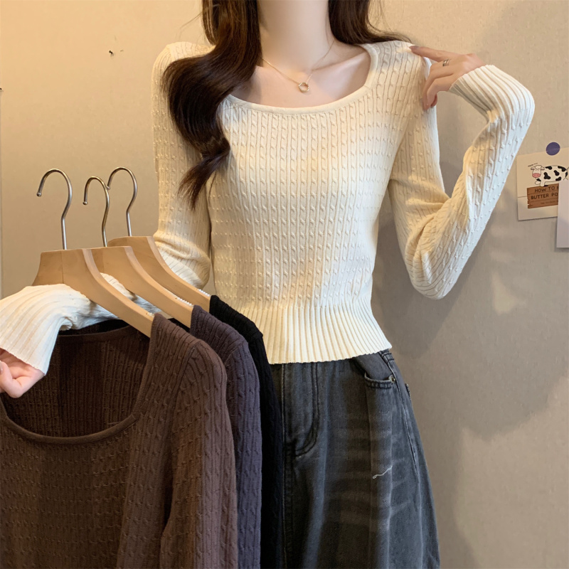 Women's large size U-neck twist knitted sweater new Korean style square collar pullover all-match bottoming shirt top