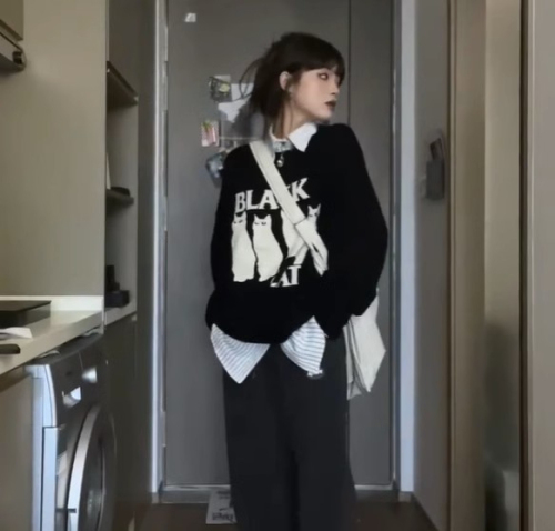 Cat Party Japanese Retro Sweater Women's Outerwear Loose Pullover Lazy Style Bottoming Sweater Top Thick