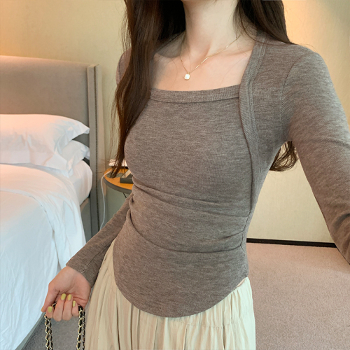 Picture Irregular square collar plus velvet T-shirt women's long-sleeved autumn and winter new style inner layering shirt slimming short style