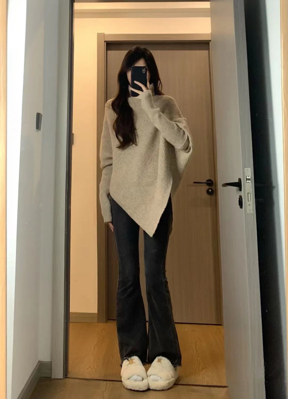 Irregular design, lazy style turtleneck sweater for women, new autumn temperament, versatile loose knitted top