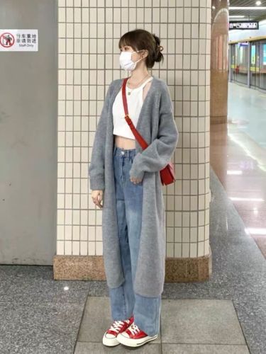 Gray knitted cardigan women's spring new style lazy style loose mid-length over-the-knee sweater jacket