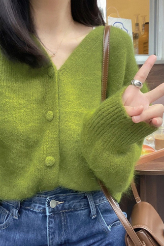 Gentle retro raccoon velvet avocado soft waxy knitted cardigan spring and autumn mohair sweater jacket for women