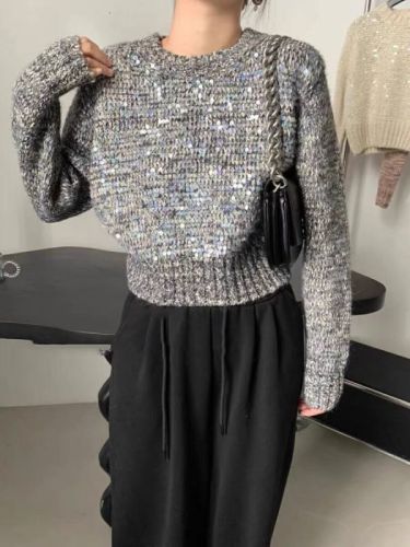 French sequined sweater tops for women in autumn and winter new style lazy style pullover round neck heavy industry super nice short sweater