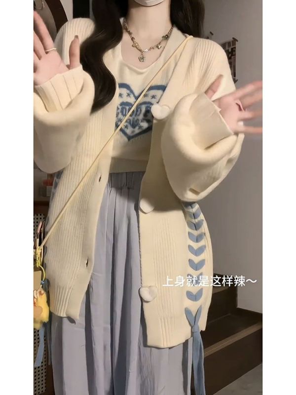 Sweet, cool, lazy style, soft and waxy topstitch sweater jacket for women, new autumn and winter style, loose design, heavy knitted cardigan, trendy