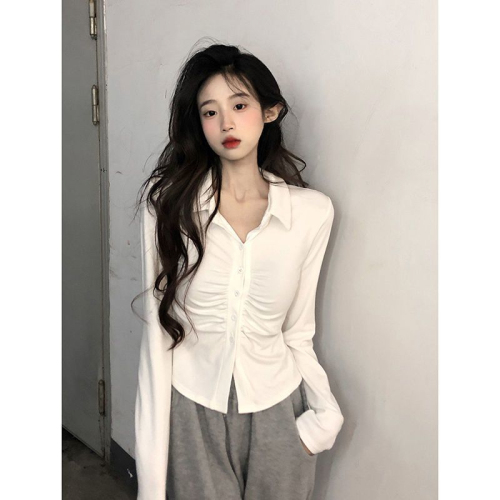 Designed pleated long-sleeved T-shirt autumn new slim fit small lapel pure lust style bottoming top for women