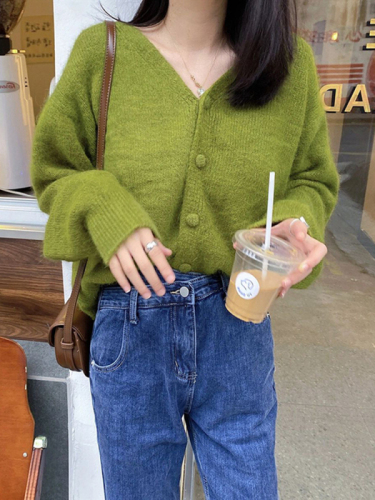 Gentle retro raccoon velvet avocado soft waxy knitted cardigan spring and autumn mohair sweater jacket for women