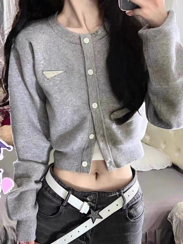 French gray long-sleeved sweater for women spring and autumn short sweater jacket cardigan outer slim fit top