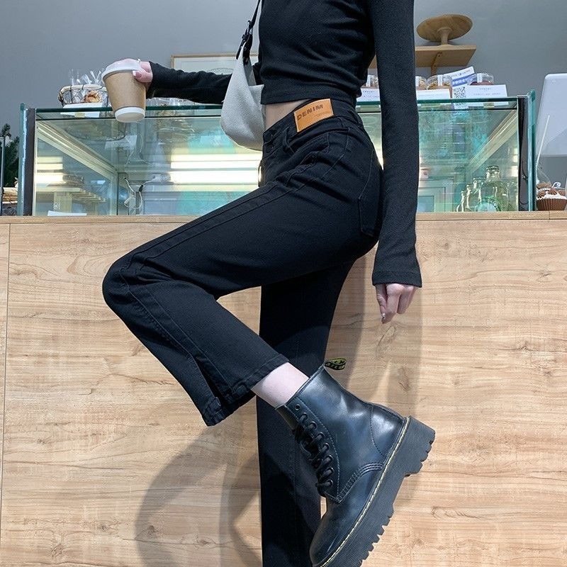 Straight-leg jeans for women, spring and autumn new style, high-waisted, slim, nine-point, small, black cigarette pipe pants for women