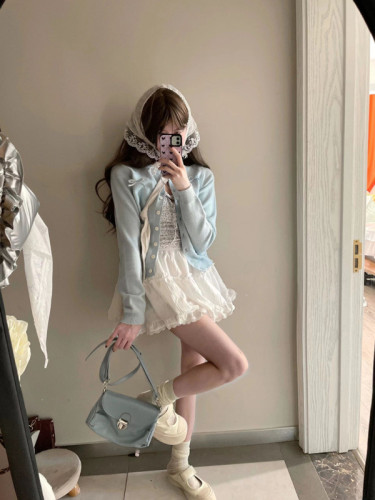 Ballet style knitted cardigan for women in spring and autumn new slim bow blue sweater sweet girl gentle Korean top