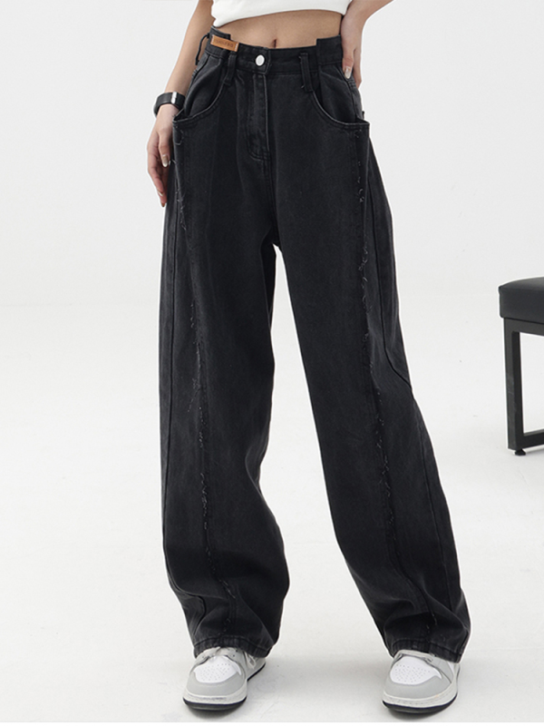 Smoke gray jeans for women, wide-legged design, small fat mm, large size, loose and exciting pants, high street ins trend