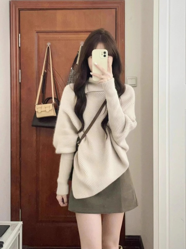 Irregular turtleneck sweater for women in autumn and winter with niche lazy style Korean style high-end thickened knitted sweater top