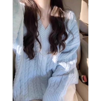 Korean Style Gentle Outerwear Sweater Autumn and Winter Twist Pullover V-neck Loose Lazy Soft Waxy Knitted Sweater Top