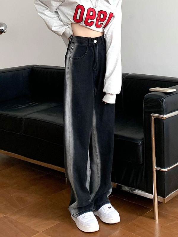 Women's new large size high waist jeans Korean style design wide leg slimming pants fat mm high waist loose straight pants trendy