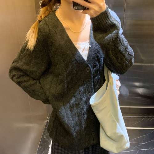 Gray lazy style knitted cardigan sweater jacket for women autumn and winter new outer wear small loose top