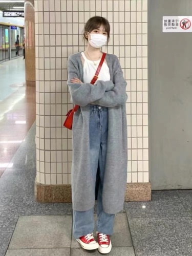 Gray knitted cardigan women's spring new style lazy style loose mid-length over-the-knee sweater jacket