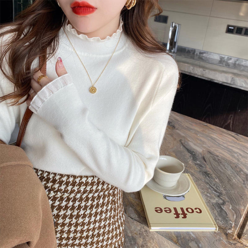 Lace half turtleneck bottoming shirt for women in autumn and winter new style solid color bottoming slim sweater