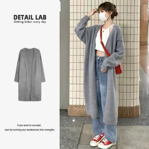 Gray knitted cardigan women's spring new style lazy style loose mid-length over-the-knee sweater jacket