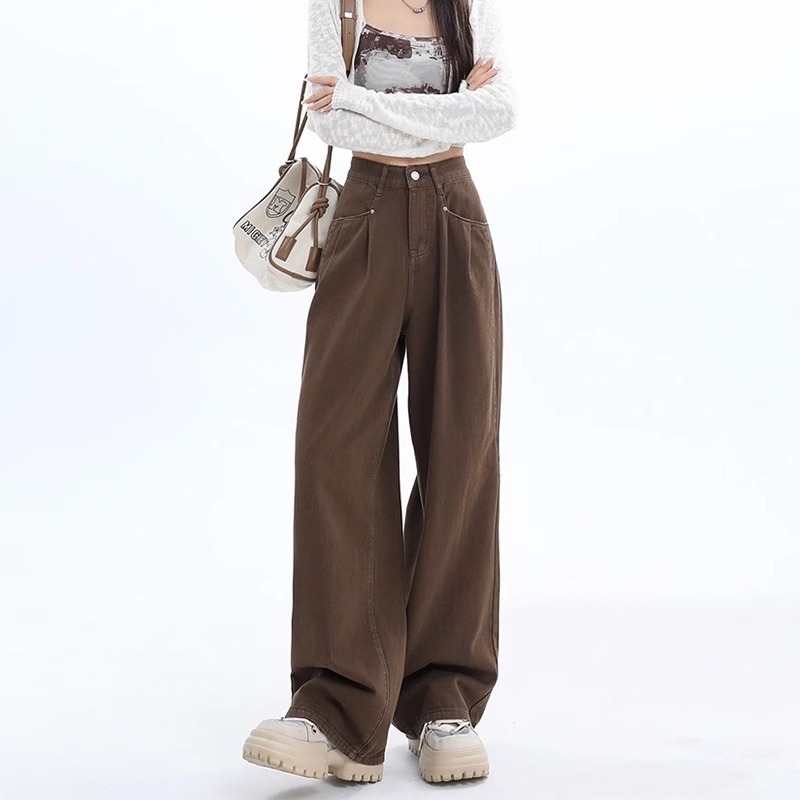 Brown high-waisted straight jeans plus size women with pear-shaped body and fat mm wear belly-covering wide-leg pants