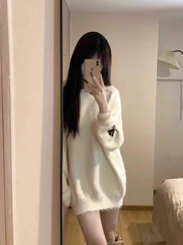 Imitation mink 100% nylon cross sweater autumn and winter new style loose lazy style soft waxy pullover top