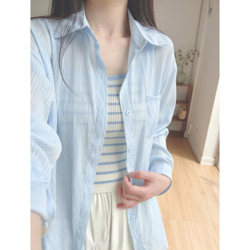 Blue shirt tops for women 2024 new mid-length thin sun protection cardigan jacket