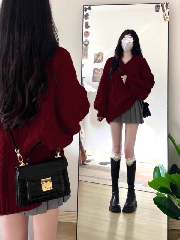 Red V-neck sweater and gray pleated skirt two-piece set