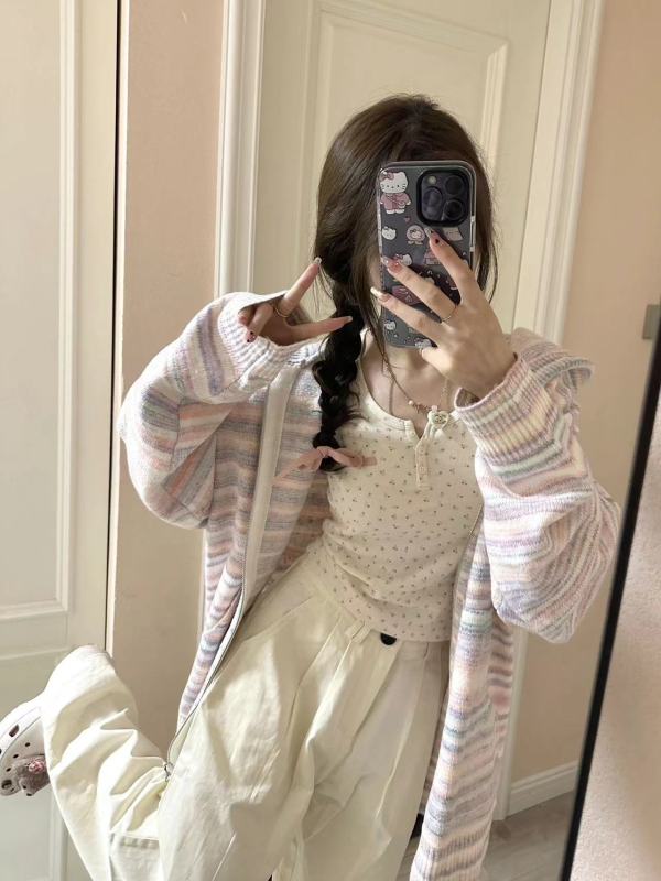 Korean style gentle style sweet pink striped hooded sweater jacket top for women spring and autumn loose slimming sweater