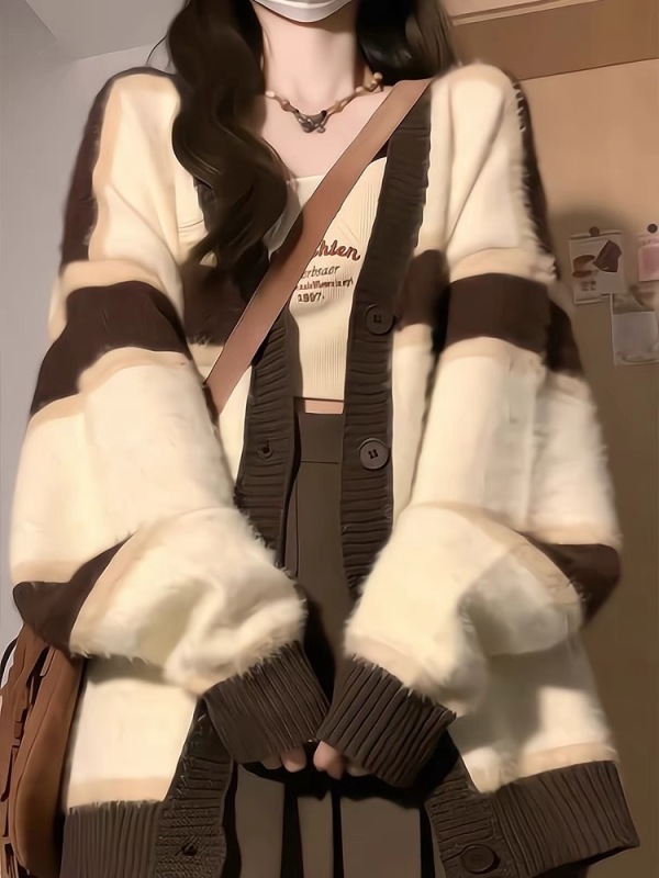 American retro striped v-neck cardigan sweater for women in autumn and winter, lazy style mohair soft and waxy loose coat