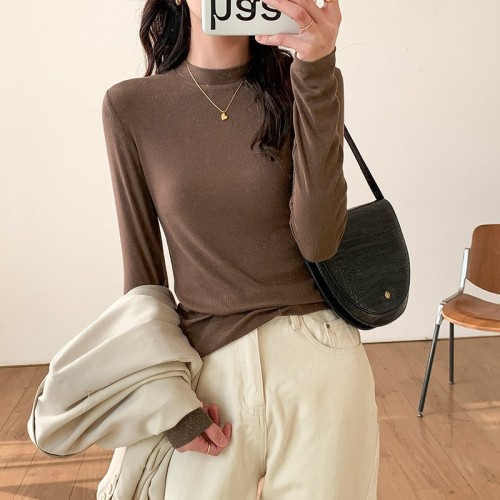 Slim bottoming shirt for women, half turtleneck, spring, autumn and winter long-sleeved T-shirt, small stand-up collar top