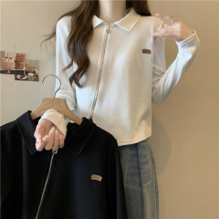 Plus size fat girl autumn new design irregular Polo collar slim long-sleeved versatile top