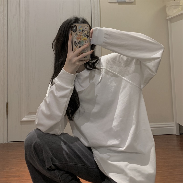 Combed cotton bottoming shirt for women, loose round neck, autumn and winter fleece warm top, long-sleeved T-shirt