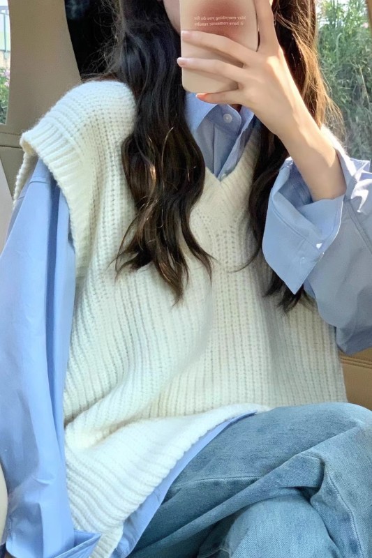 Blue shirt with vest and vest two-piece set for women spring and autumn layered tops and shirts for women spring jackets