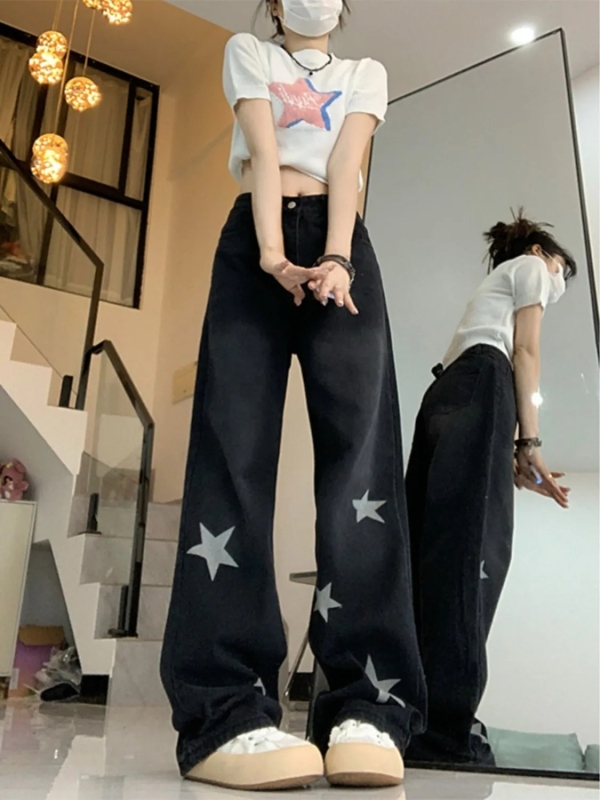 Large size American retro black star jeans women's autumn straight pants high waist loose slim wide leg long pants