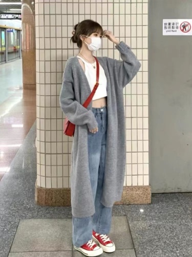 Gray knitted cardigan women's spring new style lazy style loose mid-length over-the-knee sweater jacket
