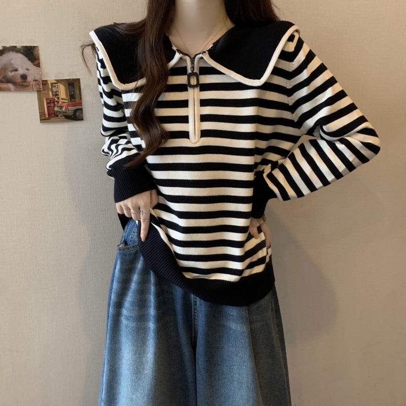 Plus size women's new design striped lapel zipper slim contrast color casual versatile shirt top