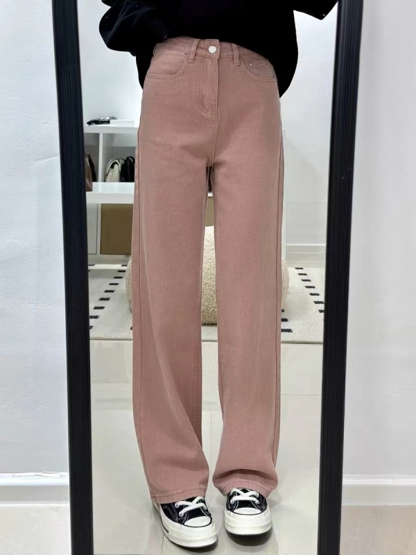 Pink jeans women's new spring and autumn Korean chic niche design straight high waist slim wide leg pants