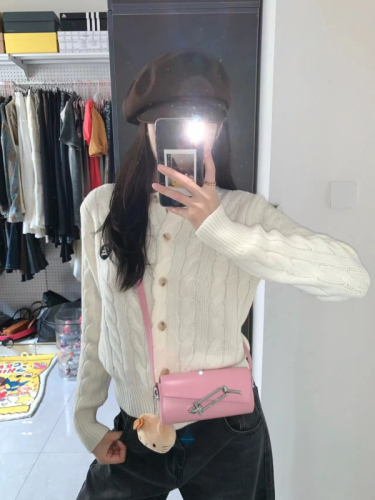 White gentle sweater knitted jacket for women early autumn new high-end spring and autumn thin cardigan short top