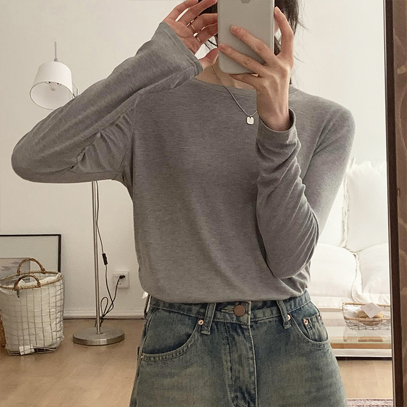 Picture round neck all-match facial mask T-shirt for women spring and autumn new style inner white slim elastic bottoming top