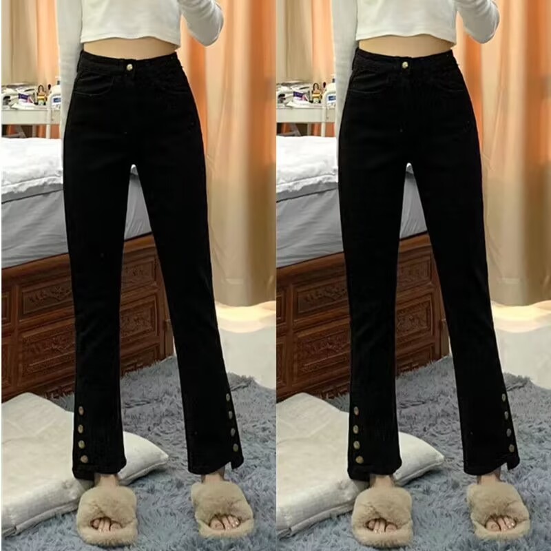 Black straight-leg jeans for women in autumn and winter plus velvet plus size fat mm elastic slimming crotch-covering micro-flared pants