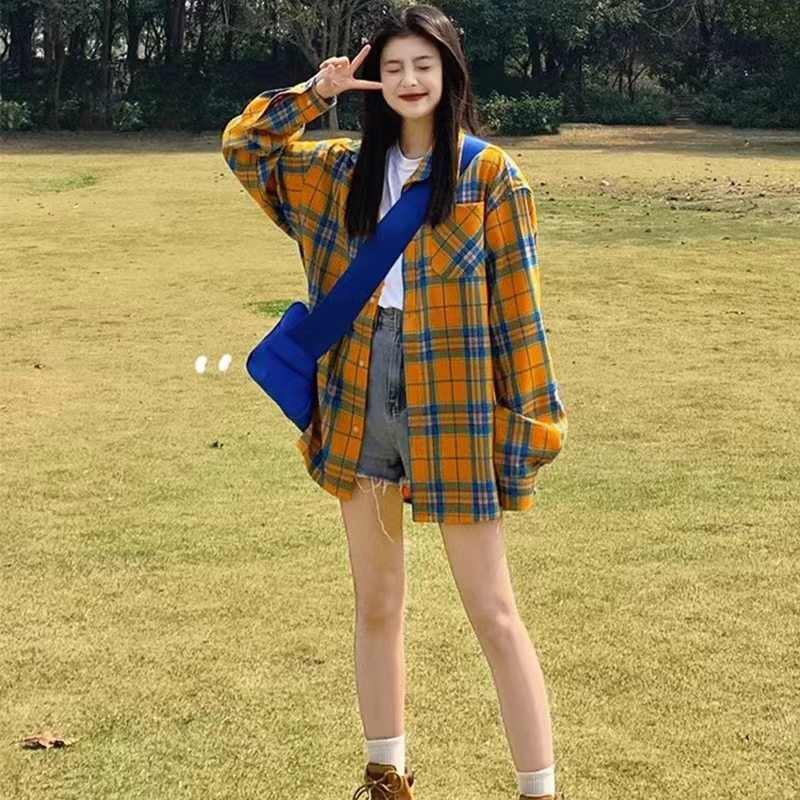 Yellow plaid shirt design high-end new loose couple casual bf style spring and autumn chic tops trendy