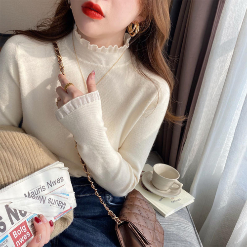 Lace half turtleneck bottoming shirt for women in autumn and winter new style solid color bottoming slim sweater