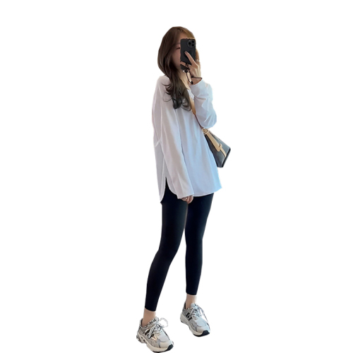 New white bottoming shirt for women Hong Kong style chic top casual loose mid-length long-sleeved T-shirt