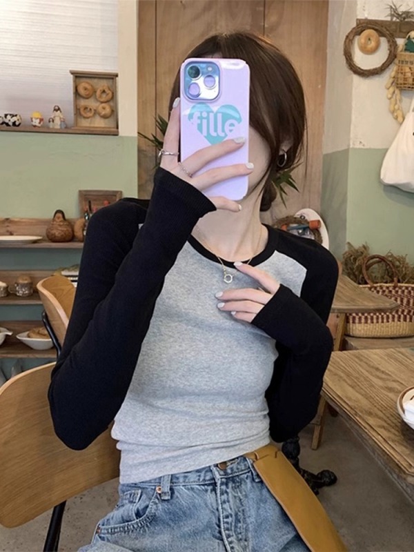 Women's right shoulder T-shirt, long sleeve, new style, contrasting thread, slim fit, short bottoming top
