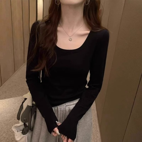 Autumn and winter new Korean style low round neck pure cotton right shoulder short top with long sleeve T-shirt bottoming shirt for women