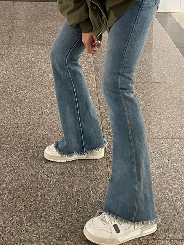 Pear-shaped figure large size high-waisted jeans for women autumn and winter new fat mm hip-covering slim stretch raw edge micro-flared pants